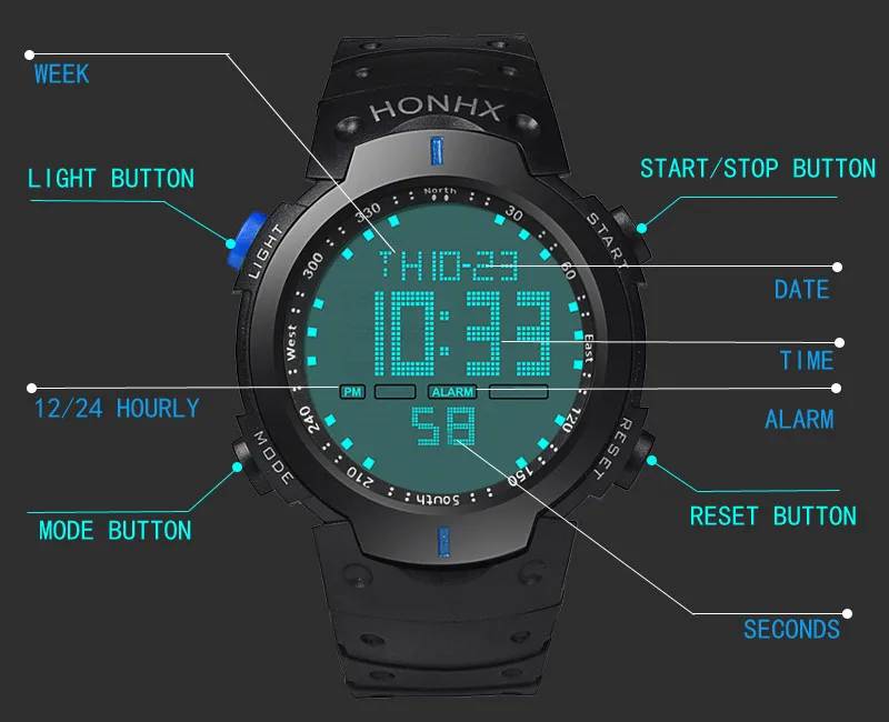Модные водонепроницаемые Мужские спортивные наручные часы с ЖК дисплеем