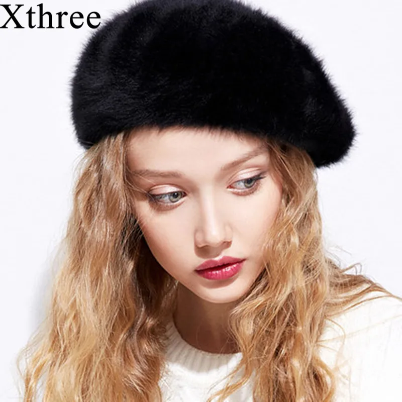 Xthree, зима-осень, женский берет из кроличьего меха, шапка для девочки, вязаная шапка, одноцветная, модная, для женщин, boina