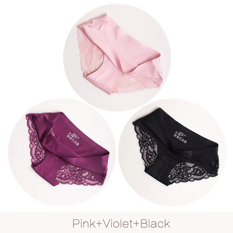 Pink Violet Black Женские бесшовные трусы DULASI, откровенные нейлоновые трусы с хлопковой ластовицей и прозрачным кружевом, 3 шт./набор - Цвет: Pink Violet Black
