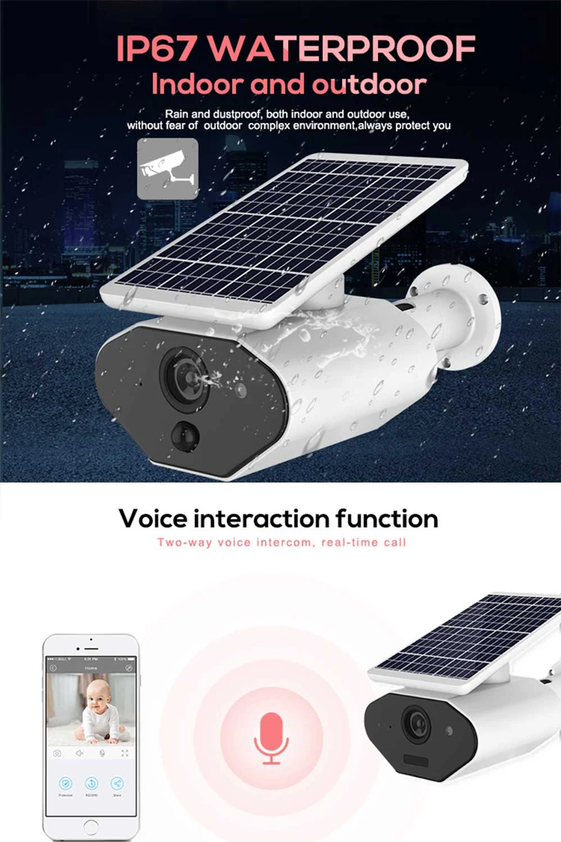 2.0MP 1080P Открытый водонепроницаемый CCTV безопасности Wi-Fi солнечной энергии IP камера с перезаряжаемой батареей поддержка Alexa Google Home