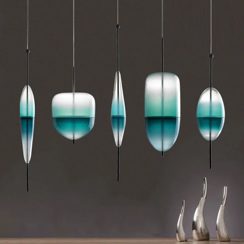 Italian Modern Teardrop Gradient Blue Glass Single Pendant Lamp LED Art Dinging Room Bedroom Homg Decor Hanging Lighting Fixture