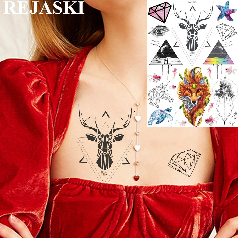 

REJASKI Tribal Wolf Fox Elk Triangle Temporary Tattoos Sticker Diamond Unicorn Tatoos For Women Men Sexy Art Custom Tattoo