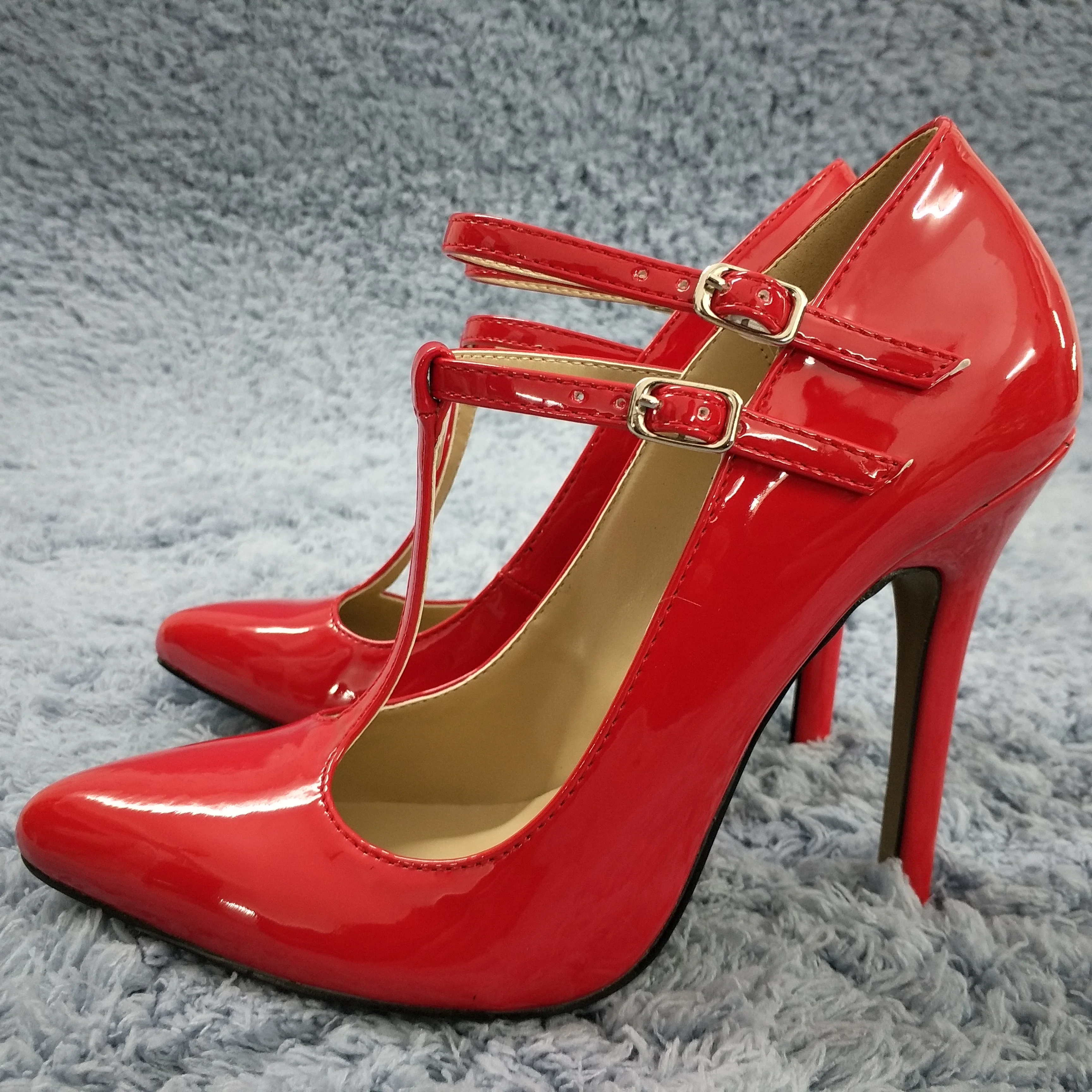 

Women Stiletto Thin High Heel Pumps Sexy Pointed Toe T-Strap Red Patent Party Ball Fashion Lady Shoes 0640-i
