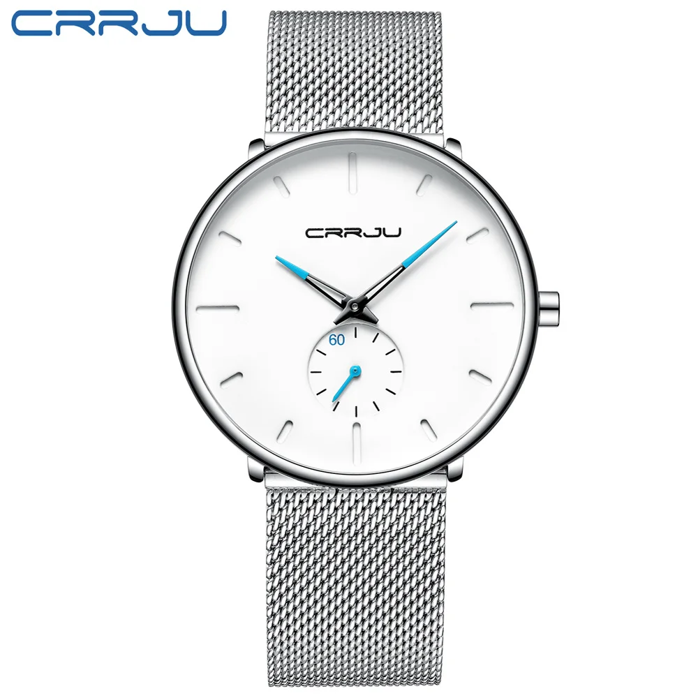 silver white CRRJU2150 модные мужские часы Лидирующий бренд повседневные ультра-тонкие сетчатые Стальные наручные часы мужские черные классические спортивные водонепроницаемые кварцевые часы - Цвет: silver white