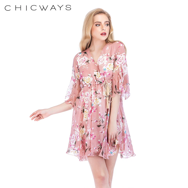 Chicways рюшами Лук цветочным принтом мини платье Для женщин v шеи галстук до летнее