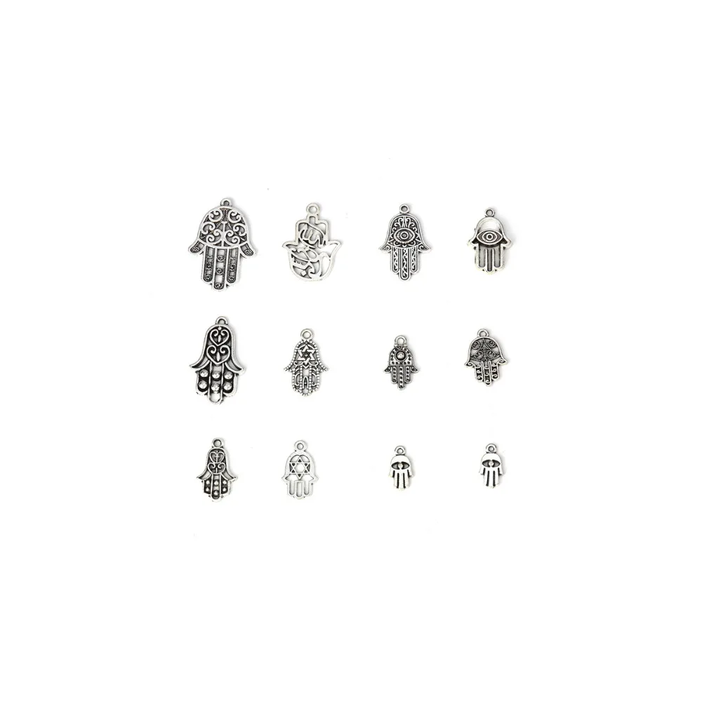 DoreenBeads Zinc Based Alloy Pendants Hamsa Symbol Hand silver color Mixed Charms 3.5 x2.4cm - 1.6 x0.9cm 1 Set ( 12 PCs/Set) | Украшения и