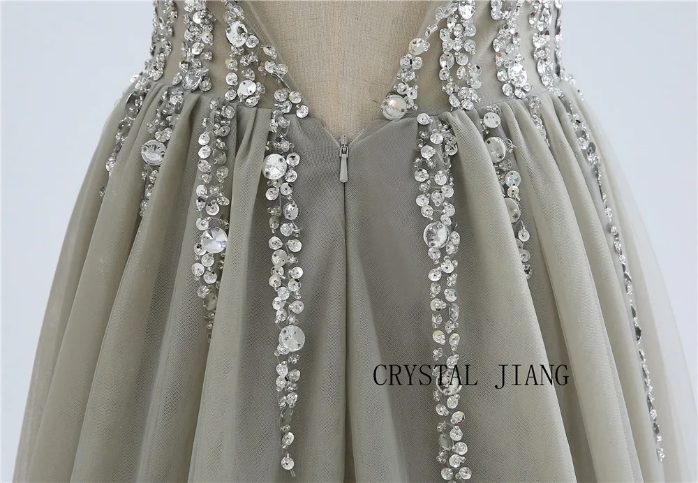 

New Arrival Evening Gown 2019 Deep V neck A Line Tull Evening Dress Custom made Crystal Beaded Sexy Long Evening Dresses