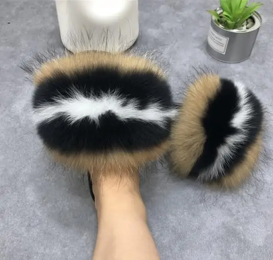 Тапки женские из лисьего меха Милые Плюшевые Пушистые летние шлепанцы зимние