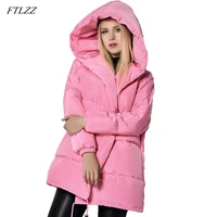 ftlzz winter women jackets 90 white duck down parkas loose plus size hooded coats medium long warm casual pink snow outwear