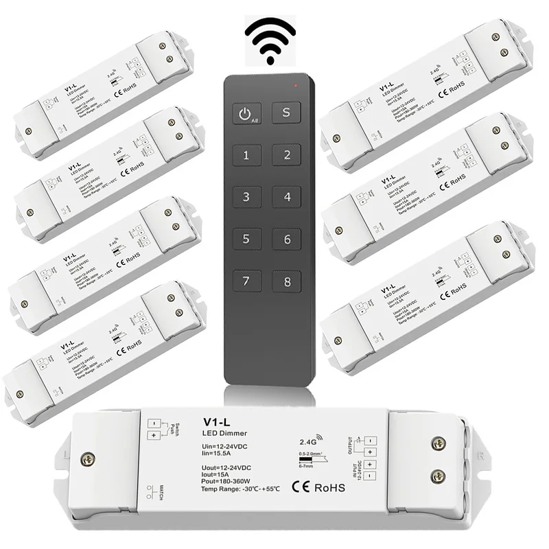 

LED Strip Dimmer 12V 24V 15A PWM Wireless RF Switch ON OFF with 2.4G 8 Zones Dim Remote for 5050 3528 Single Color LED String