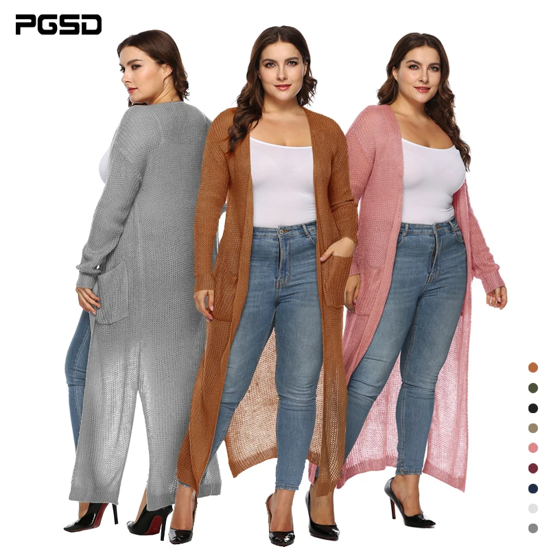 PGSD Big size Women Clothes Simple pure color Long sleeves pocket Thickened long knitted Forking sweater Cardigan female XXXL |