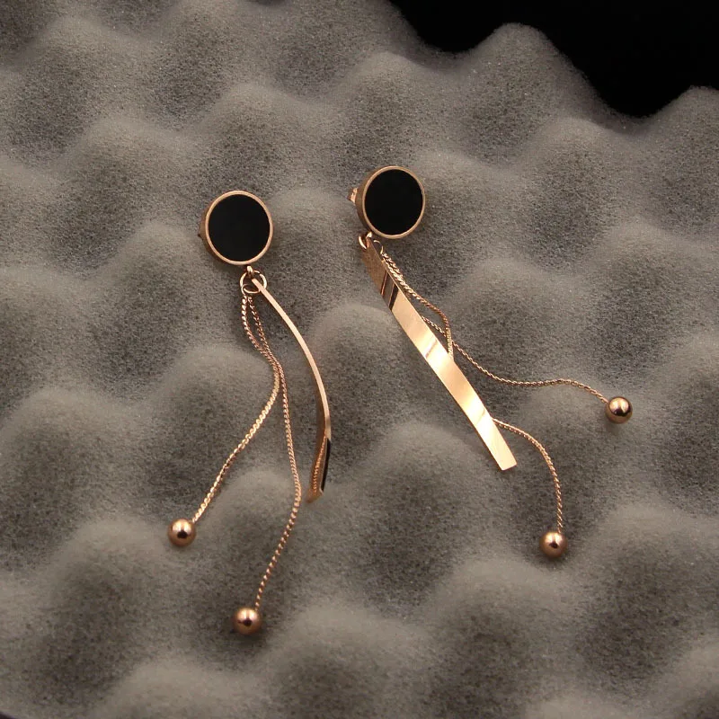 Unique design Tassel Black Round earrings Titanium Steel rose gold color Women long tassel beads Earrings factory prices | Украшения и
