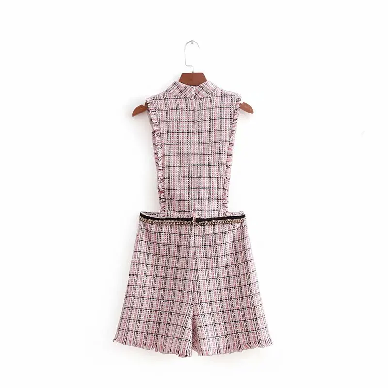 NSZ Women Plaid Pink Tassel Tweed Chain Playsuit Autumn Winter Thick Playsuits Overalls Sleeveless Streetwear Romper | Женская одежда