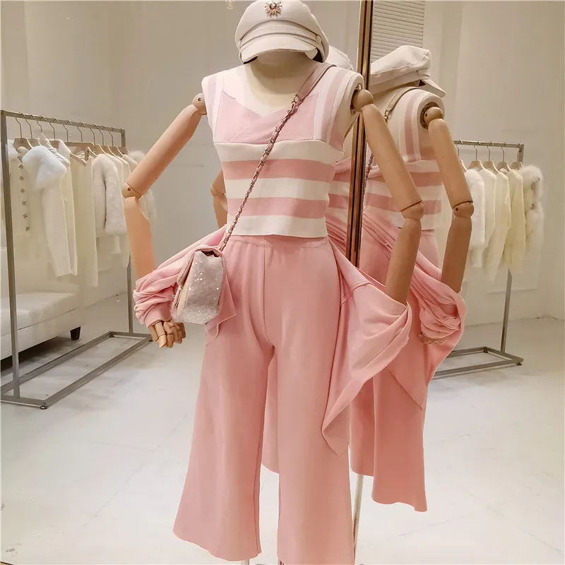 ALPHALMODA женские весенние комплекты полосатый жилет на подтяжках+ тонкий кардиган с длинными рукавами+ широкие брюки 3 предмета вязаный костюм