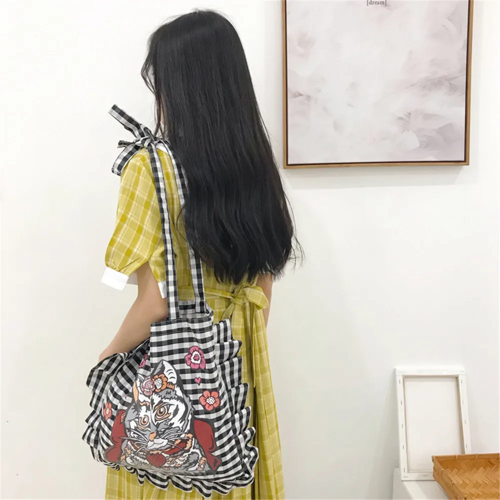 Black White Plaid Cotton Canvas Eco shopping Tote Shoulder Bag Pleated Trim Print Cat | Багаж и сумки