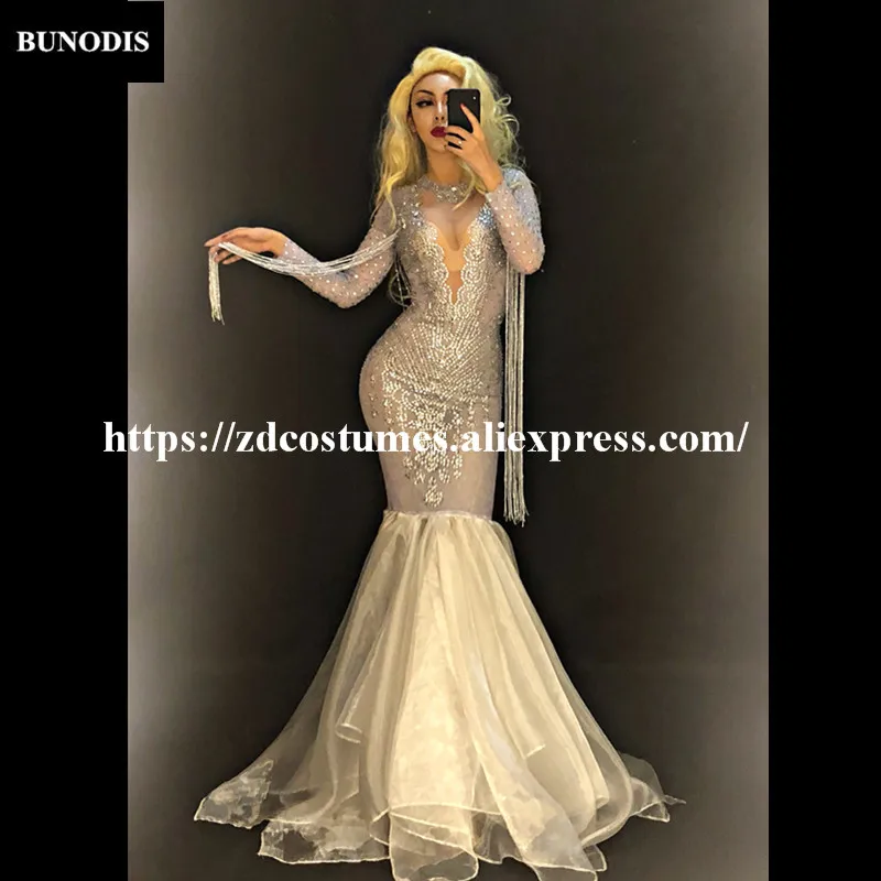 ZD413 Women Sexy Net Yarn White Long Skirt Full Silver Bling Sparkling Crystals Nightclub Party Stage Wear Singer Dancer