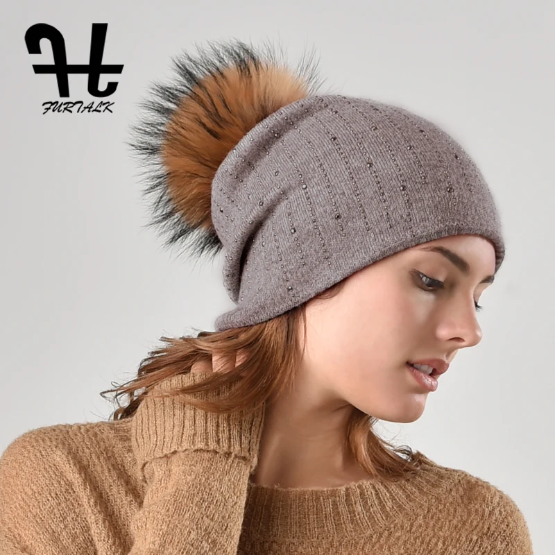 FURTALK Knitted Beanie Hat Women Rabbit Fur pompom Cap Winter Autumn Slouchy Hats for Female 2019 | Аксессуары для одежды