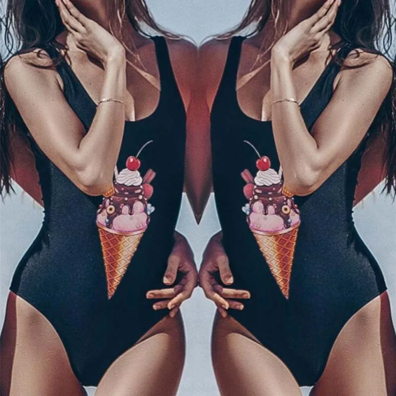 2019 One Pieces Swimsuit Female Ice Cream Print Swimwear Women Bathing suit Beach wear Bodysuit Backless Monokini Swimming Suit | Спорт и