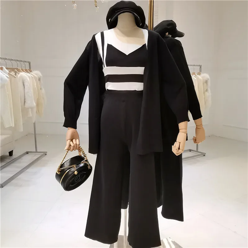 ALPHALMODA женские весенние комплекты полосатый жилет на подтяжках+ тонкий кардиган с длинными рукавами+ широкие брюки 3 предмета вязаный костюм