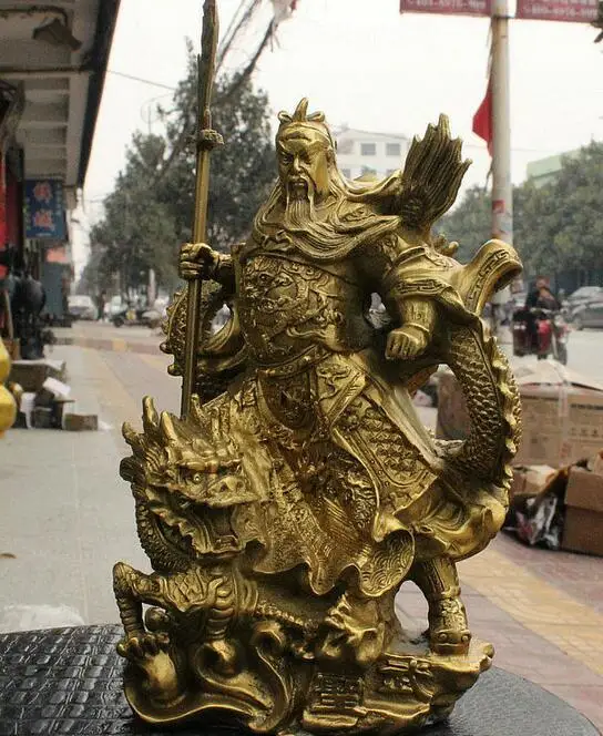 Китай латунь Дракон халат стенд воин Guan Gong Yu дверь меч с изображением Бога