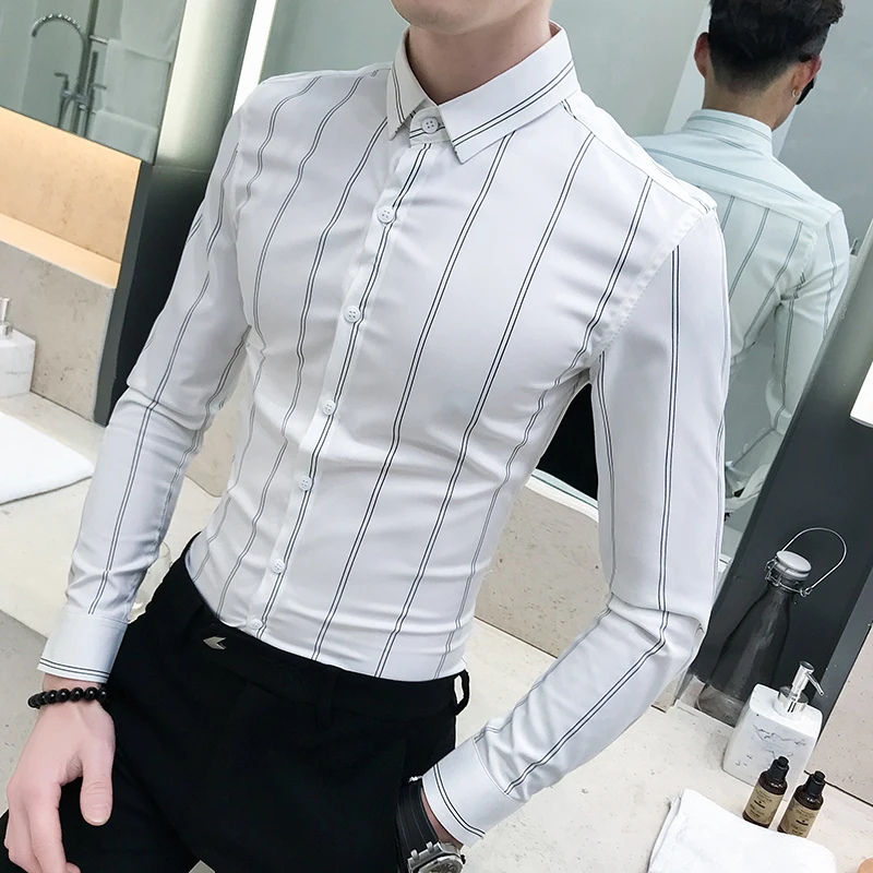 Вертикальная черно-белая рубашка в полоску мужская приталенная Мужская с