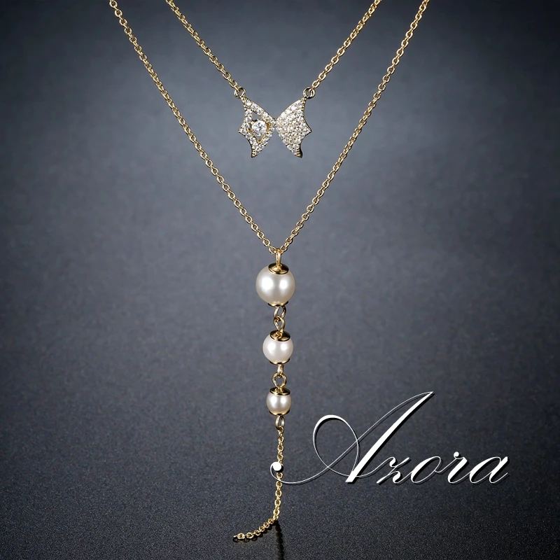 AZORA, Двойная Цепочка, роскошное, прозрачное, кубический цирконий, Бабочка, жемчуг, подвеска, ожерелье для женщин, свитер, цепь, кисточка, ювелирное изделие, TN0281