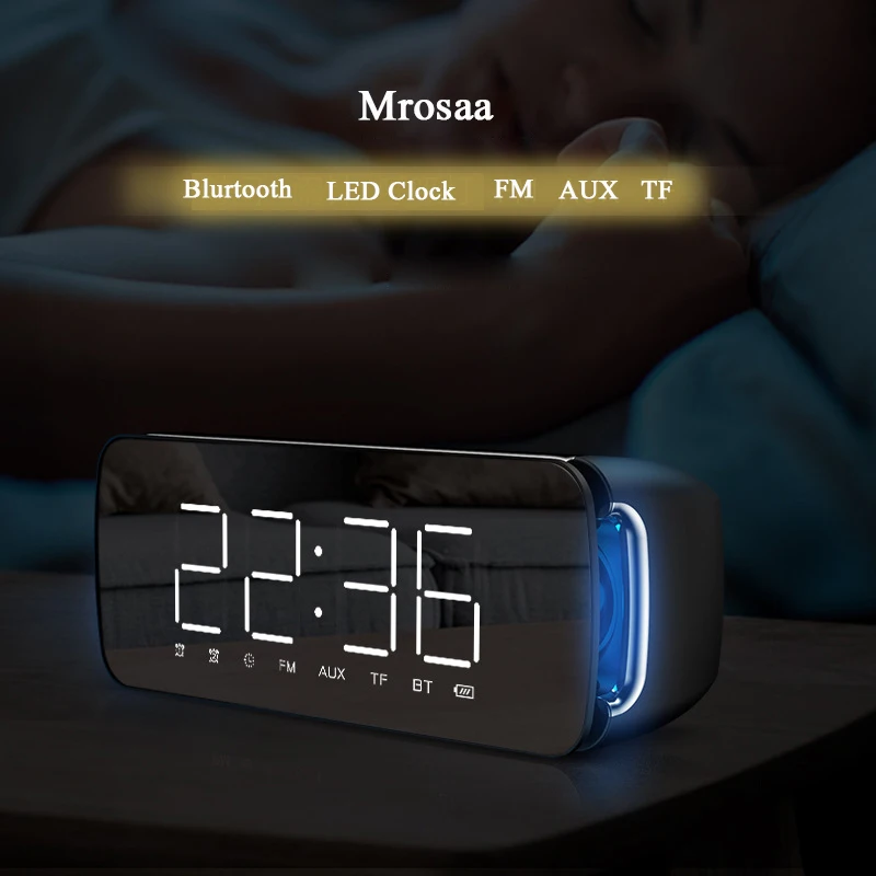 Mrosaa Высококачественная Беспроводная bluetooth мини-будильник Портативная колонка с сабвуфером светодиодный FM цифровые настольные часы tf-плеер часы