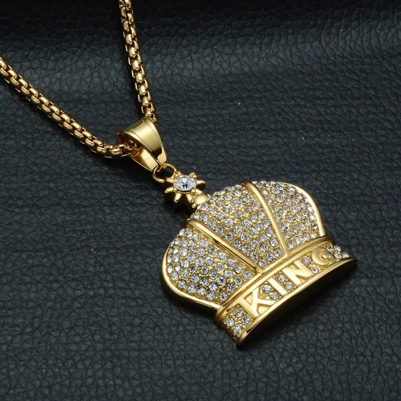 Хип хоп 316L нержавеющая сталь Bling Iced Out король корона ожерелье полный горный хрусталь золото ожерелье s& Подвески для мужчин ювелирные изделия
