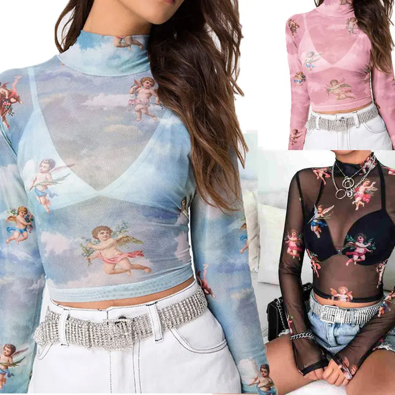 Женский прозрачный сетчатый топ с принтом Angel летняя футболка сеточкой 2019 |
