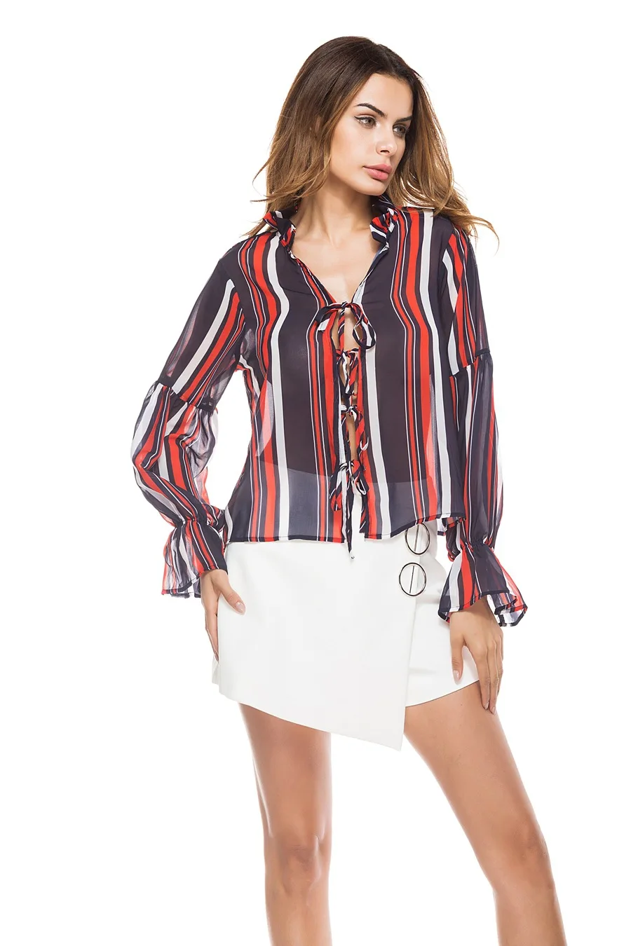 2018 Summer Print V-neck Bandage Bubble Long Sleeves Thin Fashionable Casual Cool Ladies' Chiffon |