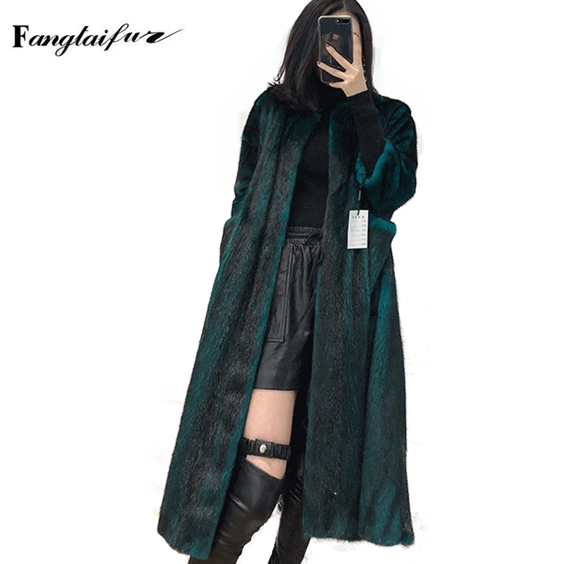 

Ftangaiur Winter Women Jacket Import Velvet Mink Fur Coat O-Neck Pockets Slim Causal Mink Coat X-Long Soft Real Mink Fur Coats