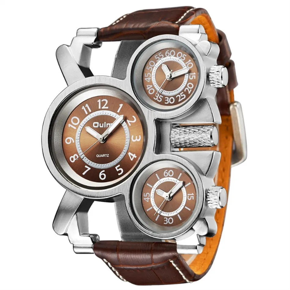 

Mens Watches Top Brand OULM Fashion Leather Band 3 Time Zone Casual Quartz Watch for Big Wrist Relogio Masculino Marca Original