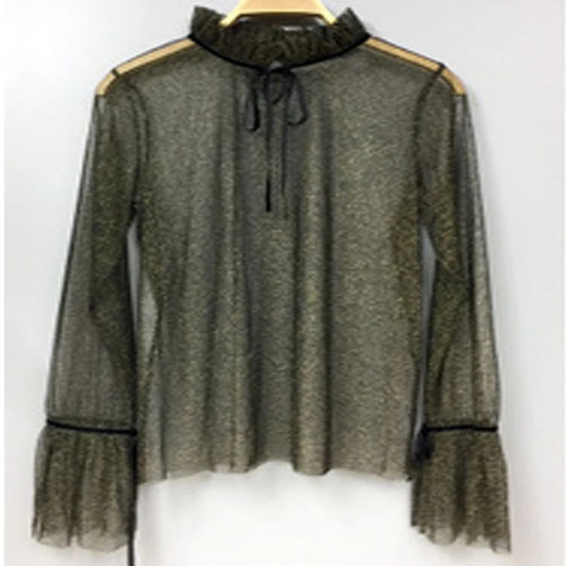 

High-grade netting water sleeve fairy Shirt detachable turn down collar Original Transparent cotton wild autumn winter shirt