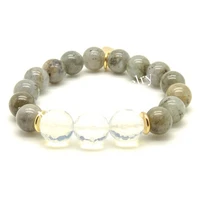 boho chic gold tone accent spacer beads clear crytsal and labradorite beads stretch bracelet