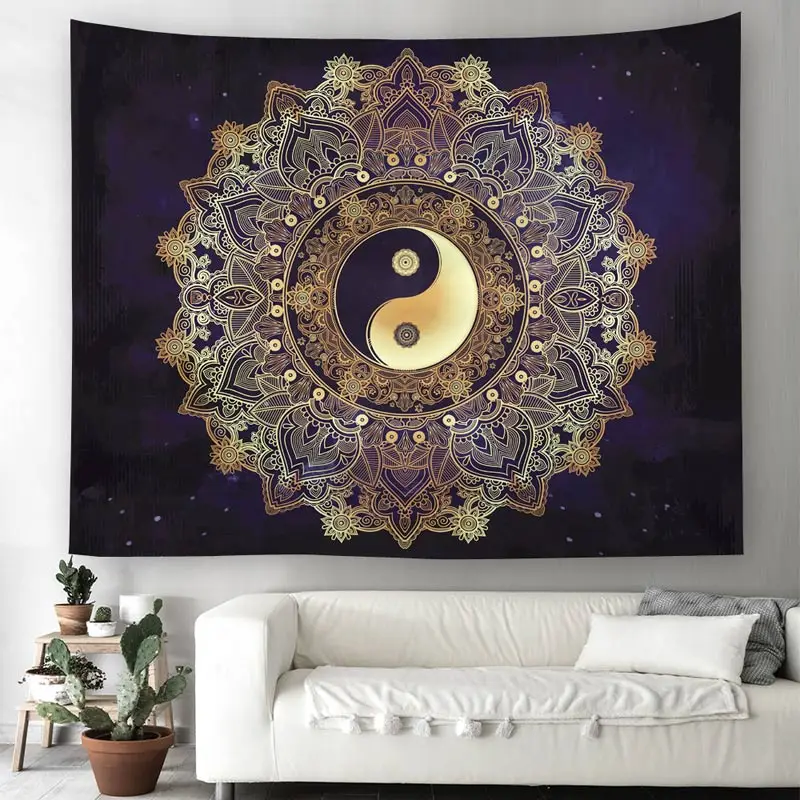 Tapiz de Mandala de Yin Yang para decoración del hogar, tapiz colgante de pared negro con estampado en caliente, tapices de tela, manta, toalla de playa