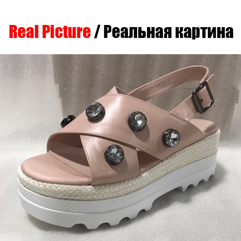 DORATASIA/ г., летние брендовые соломенные босоножки из натуральной кожи на платформе женская обувь на танкетке с украшением в виде кристаллов Женская милая повседневная обувь для свиданий