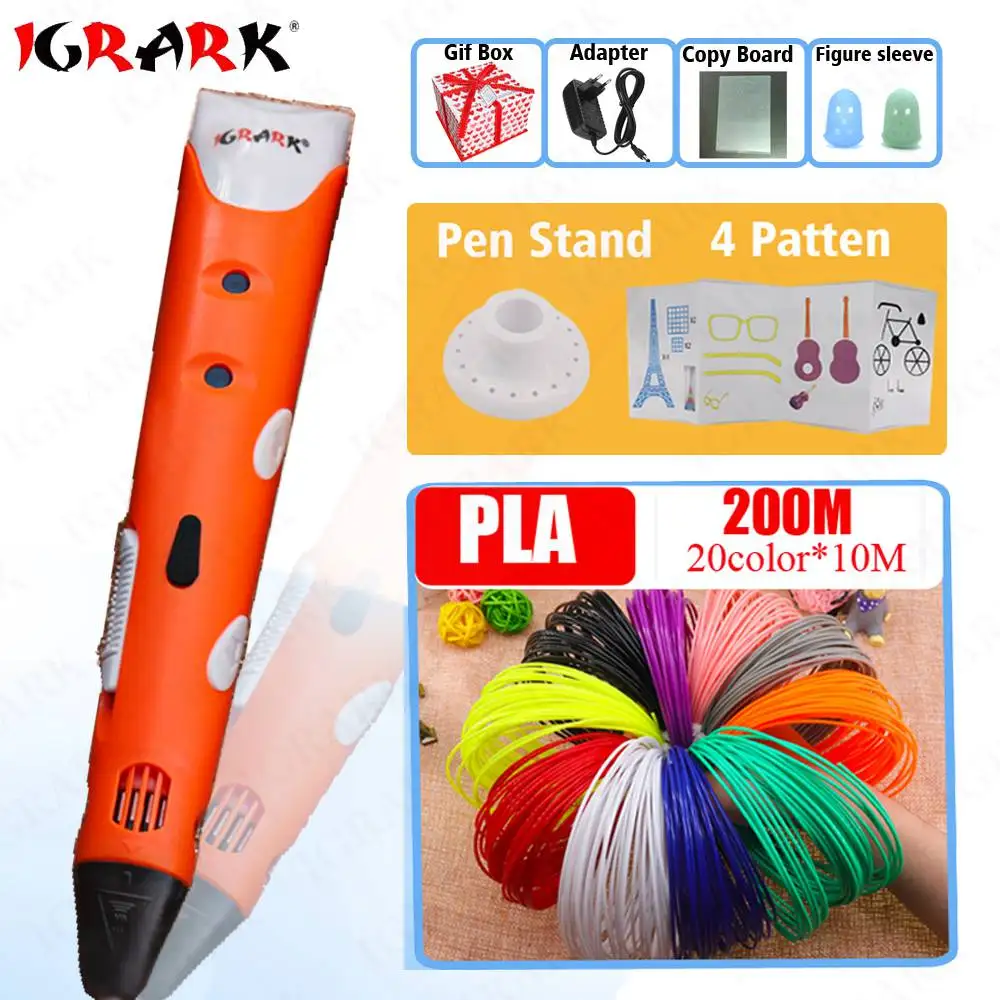 Orange And Pla200m IGRARK 3D ручка креативный 3D печать ручки интеллект рисунок 3d принтер Ручка PLA Смарт 3d чертежные ручки лучший подарок для детей принтер - Цвет: Orange And Pla200m