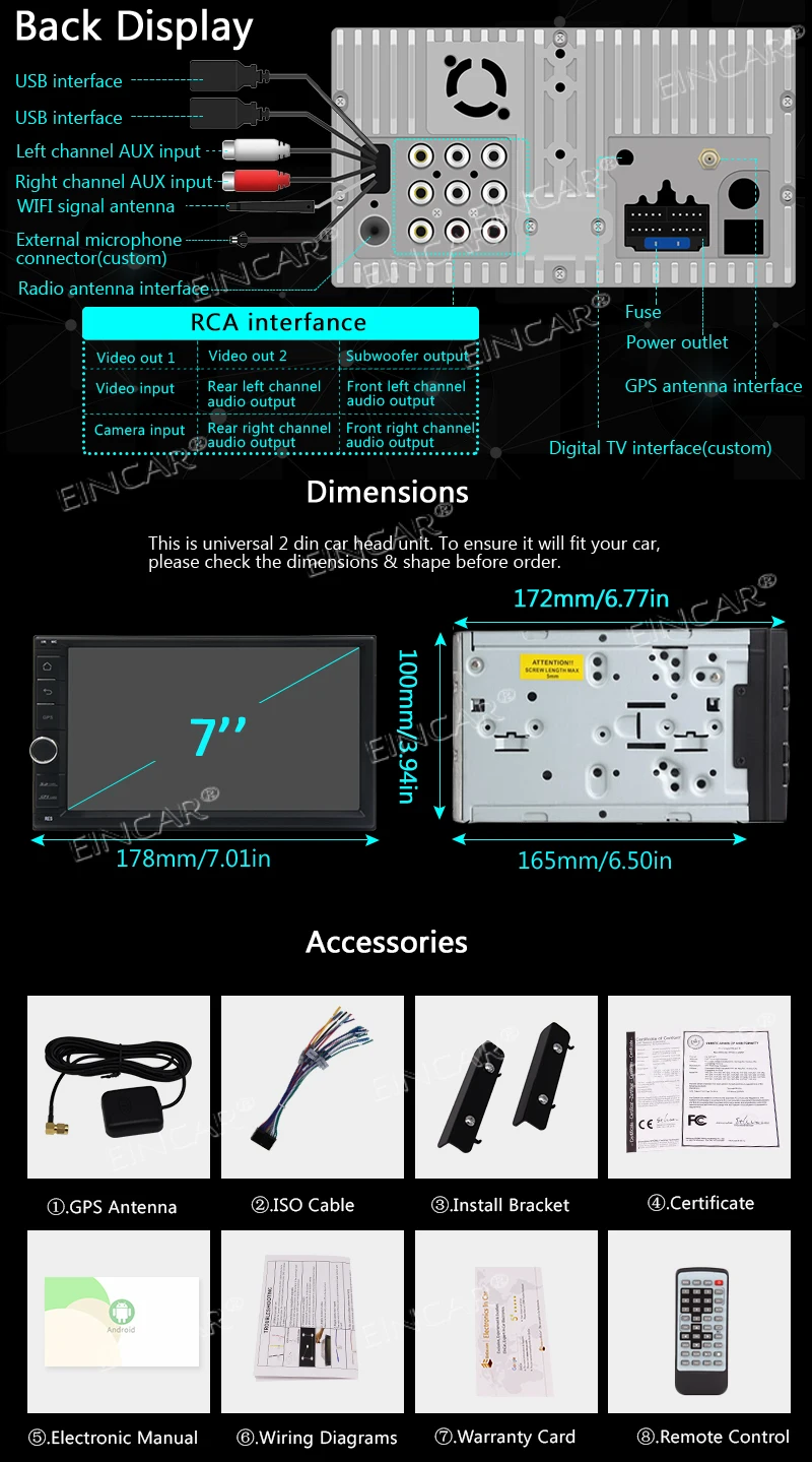 

Android 8.1 Oreo Double din Octa Core WIFI Model Car Stereo GPS Navigation for Universal Car Support Mirror Link/USB/SD/AM/FM