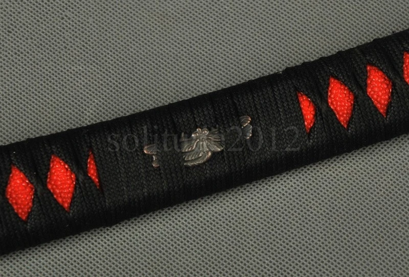 Рукоять изысканного деревянного ремесла Tsuka для японского меча Катана с черной шелковой обмоткой Ito и имитацией кожи красного желтона Alloy Fuchi Kashira H5.