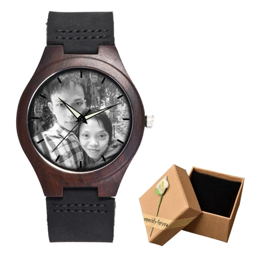 leather watch box Уникальные персональные индивидуальные часы с фото принтом бамбуковые деревянные часы для мужчин и женщин винтажные часы семейный подарок Прямая поставка - Цвет: leather watch box