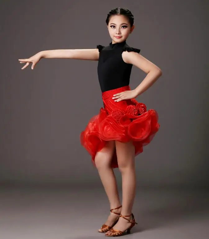 

Children's Latin dance costumes Asymmetrical hem Flowers Girls dance dress
