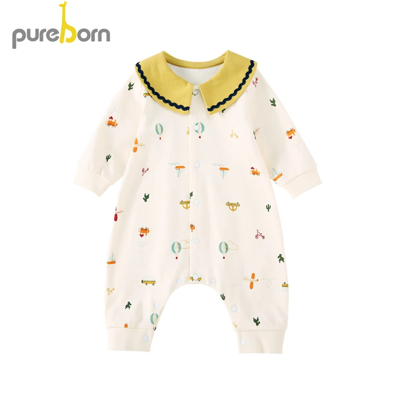 beige Pureborn Одежда для новорожденных Одежда для маленьких мальчиков и девочек из хлопка с рисунком Питер Пэн воротник детские халаты весенние осенние брюки-ромперы - Цвет: beige