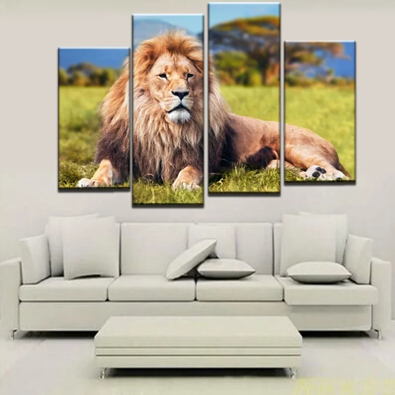 Без рамки 4 шт. лев на лугу Современная Картина холсте домашний Настенный Дизайн