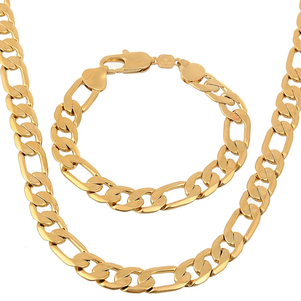 

Heavy Figaro Jewelry Set Yellow Gold Filled Mens Necklace+Bracelet Set