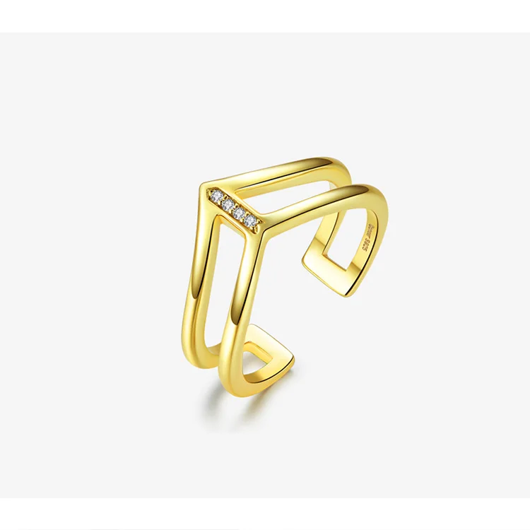 bamoer V shape Double Layer Finger Ring for Women 925 Sterling Silver Gold Color Fashion Korean Style Jewelry BSR040