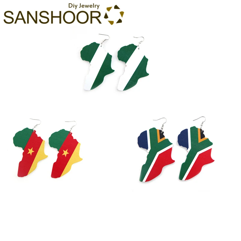 SANSHOOR афро деревянные серьги африканские карты Африканский Флаг Страны большой