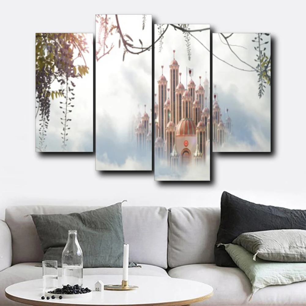 Laeacco Canvas Calligraphy Painting 4 Panel Castle Posters and Prints Wall Artwork Living Room Nordic Home Decoration | Дом и сад