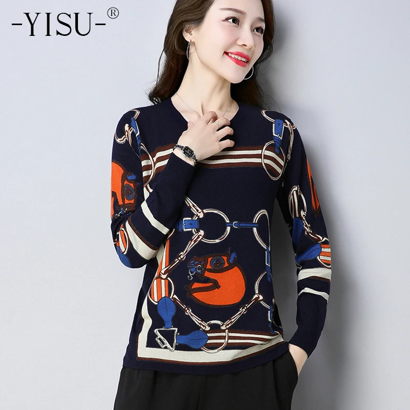 Женский свитер YISU пуловер модный с длинным рукавом и принтом джемпер круглым