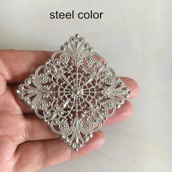 Steel color 10 шт.-46 мм Цветочные филигранные ромбовидные соединители, толстые латунные квадратные филигранные цветы, серебристый цвет, стальной цвет, бронза - Цвет: Steel color