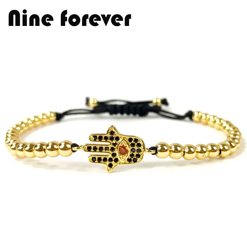 

10pcs Top Brand Nine Hamsa beads bracelet men jewelry champagne CZ evil charm bracelets for women Christmas gift
